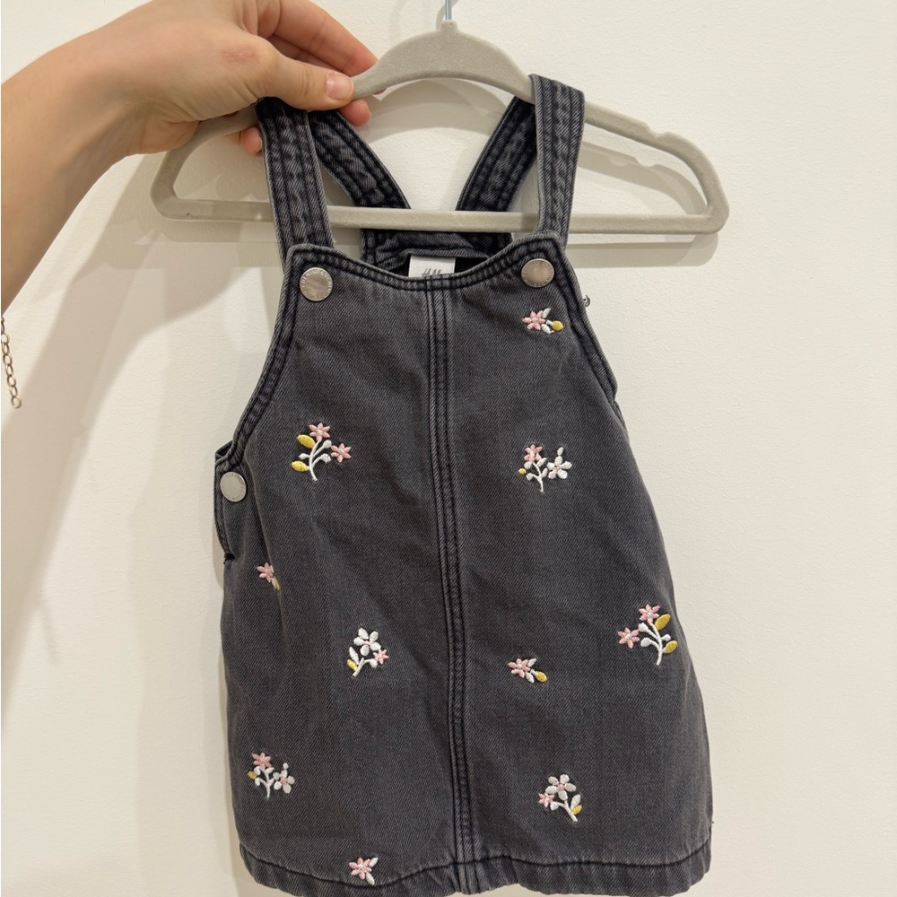 H&M Charcoal Kids Overalls with Floral Embroidery